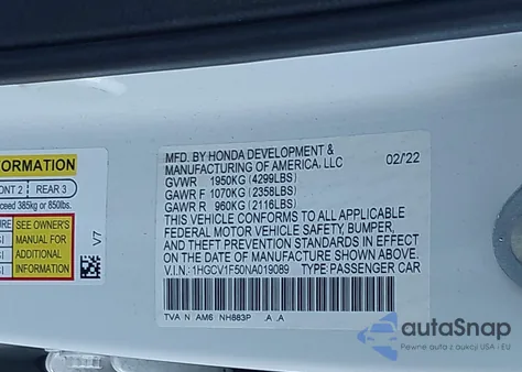 2022 Honda Accord Ex-L z USA, uszkodzony, nr VIN 1HGCV1F50NA019089